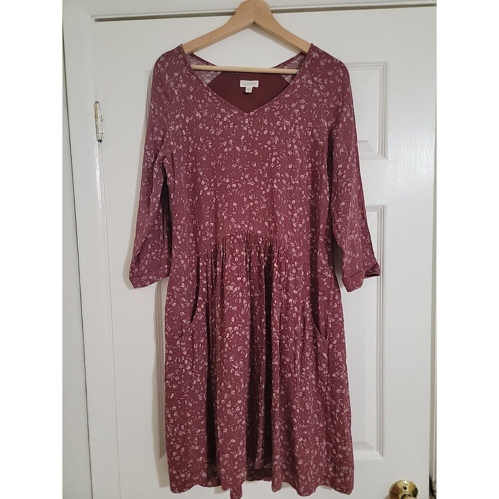 Garnet Hill Babydoll Dress‎ Crepe Floral Burgundy Drop Waist Pockets 8